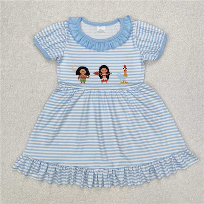 RTS NO MOQ Summer Sibling Baby Girls Blue Stripes Princess Rompers Dresses