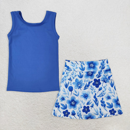 RTS NO MOQ Baby Girls Summer Sets GSD1595 Blue Vest Flowers Pocket Skirt Skort Active Wear Clothes Sets