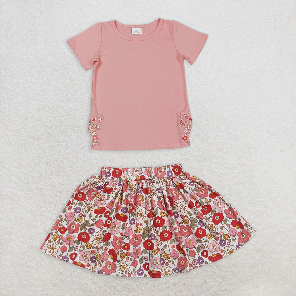 5.26 RTS NO MOQ Baby Girls Summer Sets GSD1721 Peach Short Sleeve Bow Top Floral Skirt