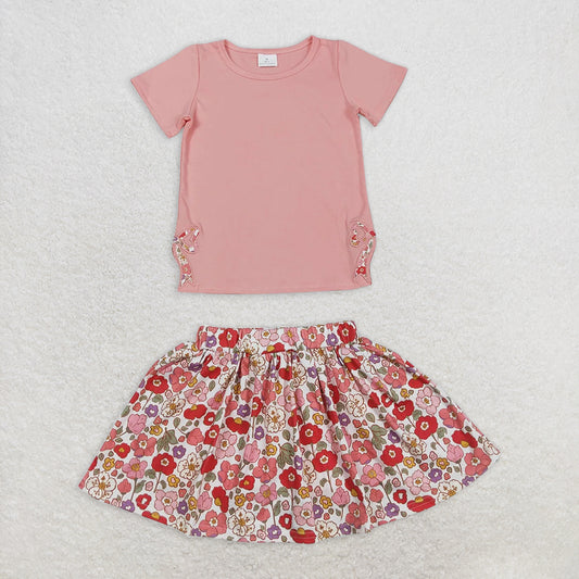 5.26 RTS NO MOQ Baby Girls Summer Sets GSD1721 Peach Short Sleeve Bow Top Floral Skirt