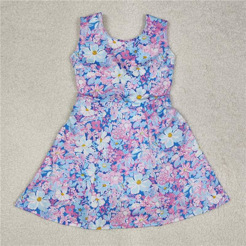 RTS NO MOQ Baby Girls Summer Kids Dresses GSD1845 Purple Flowers Sleeveless Athletic Dresses