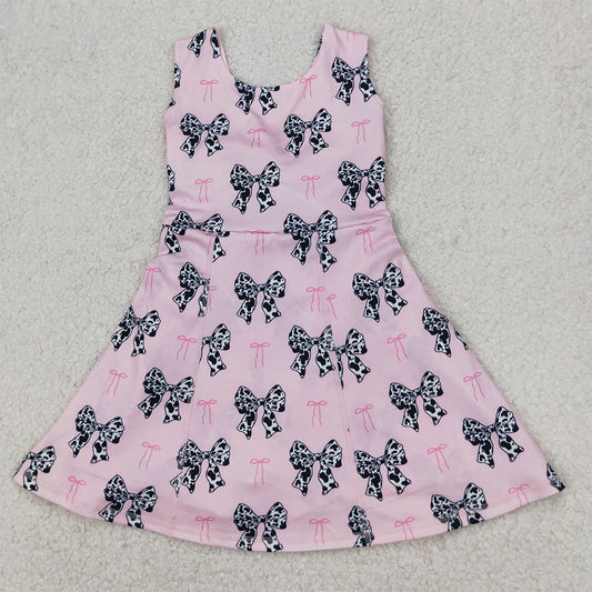 RTS NO MOQ Baby Girls Summer Kids Dresses Western Cow Print Bow Sleeveless Knee Length Dresses