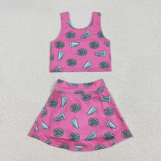 RTS NO MOQ Baby Girls Summer Kids Sets GSD1924 Pink Sleeveless Cheer Top Skort Yoga Sets