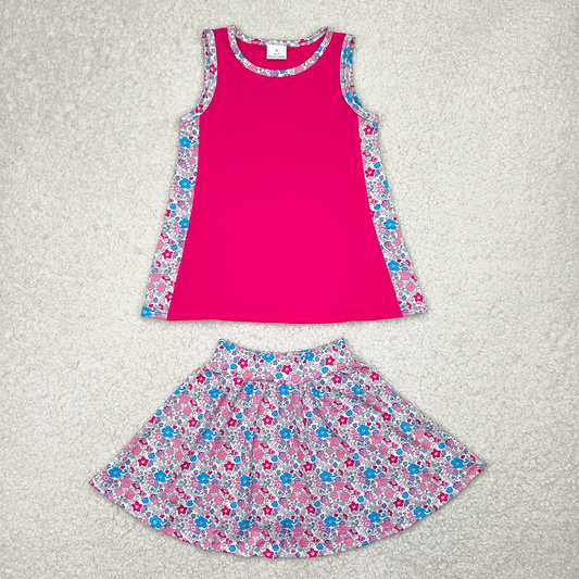 RTS NO MOQ Baby Girls Summer Sets GSD1926 Hot Pink Tunic Top Flowers Skorts Skirts Clothes Sets