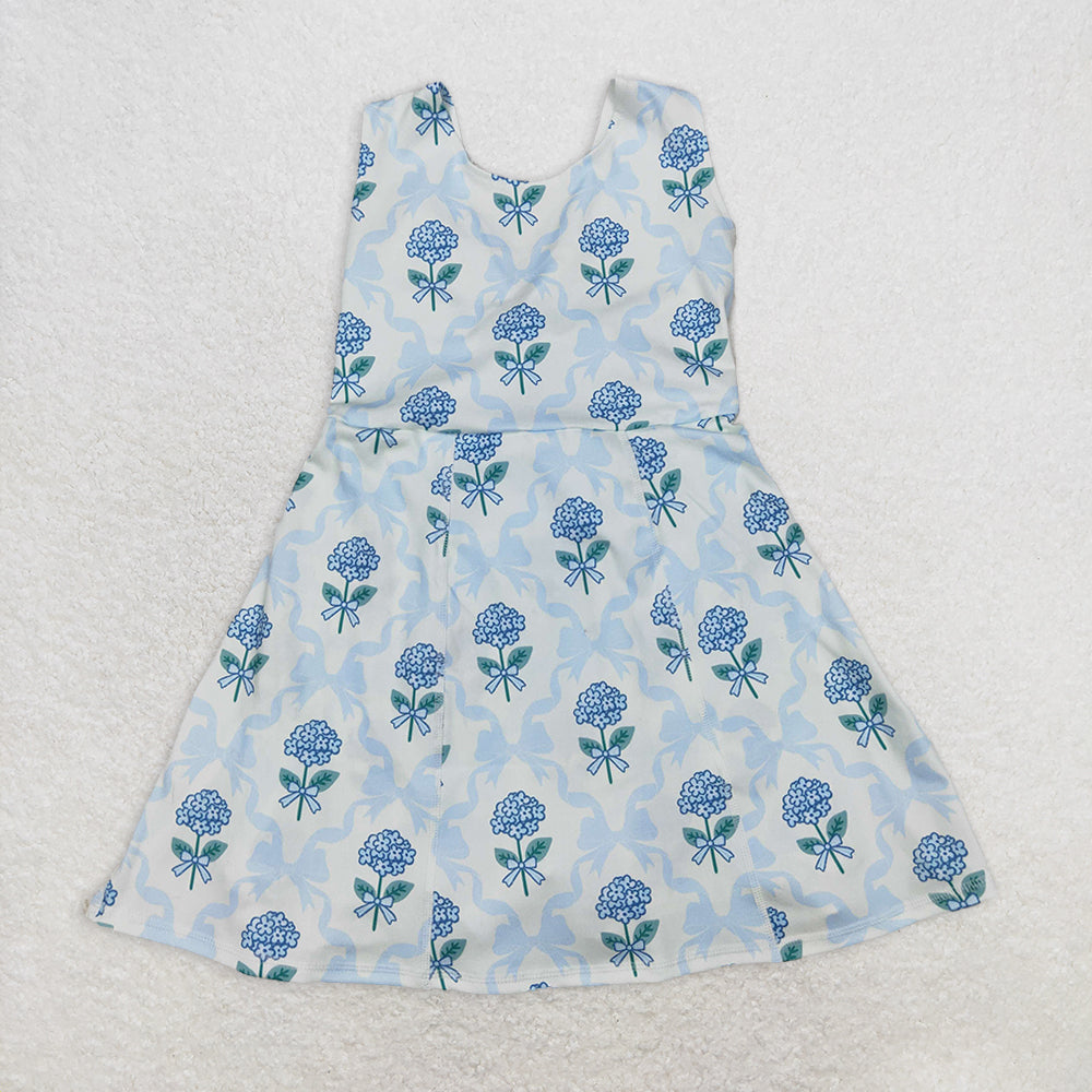 RTS NO MOQ Summer Baby Girls Dresses GSD1944 Blue Flowers Bows Tennise Active Wear Athletic Dresses