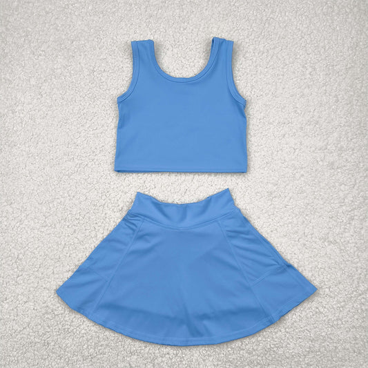 RTS NO MOQ Baby Girls Summer Kids Sets GSD1985 Aqua Blue Vest Top Sports Skorts Clothes Sets