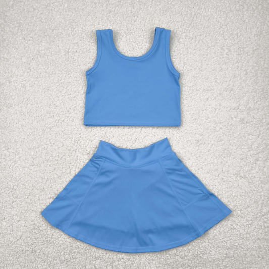 RTS NO MOQ Summer Sibling Baby Girls Blue Yoga Active Wear Top Shorts Clothes Sets