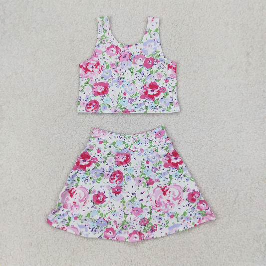 RTS NO MOQ Baby Girls Summer Bodysuit  GSD1989 Pink Flowers Athletic Active Wear Top Shorts Skirts Clothes Sets