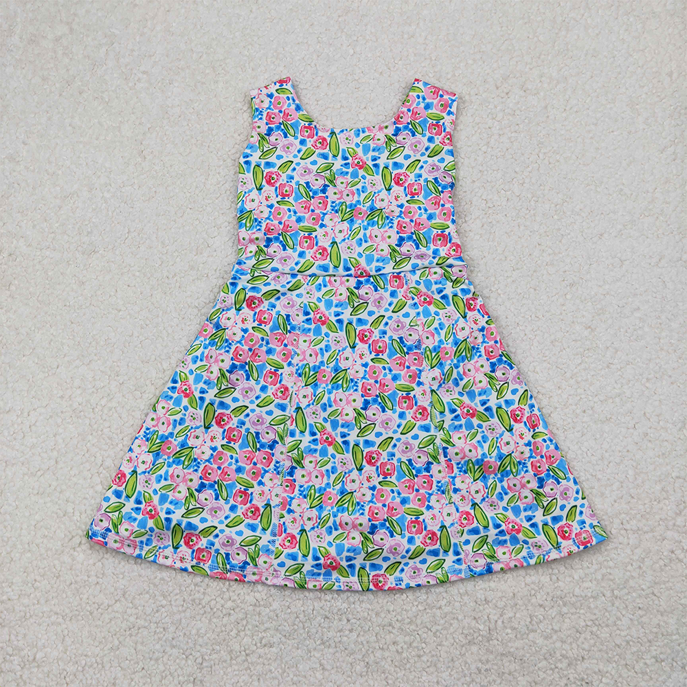 RTS NO MOQ Baby Girls Summer Kids Dresses GSD1990 Blue Flowers Sleeveless Athletic  Knee Length Dresses