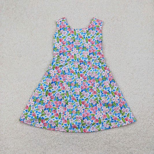 RTS NO MOQ Baby Girls Summer Kids Dresses GSD1990 Blue Flowers Sleeveless Athletic  Knee Length Dresses