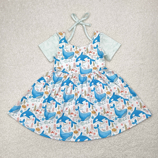 RTS NO MOQ Summer Baby Girls Dresses GSD2011 Blue Whale Short Sleeve Knee Length Dresses