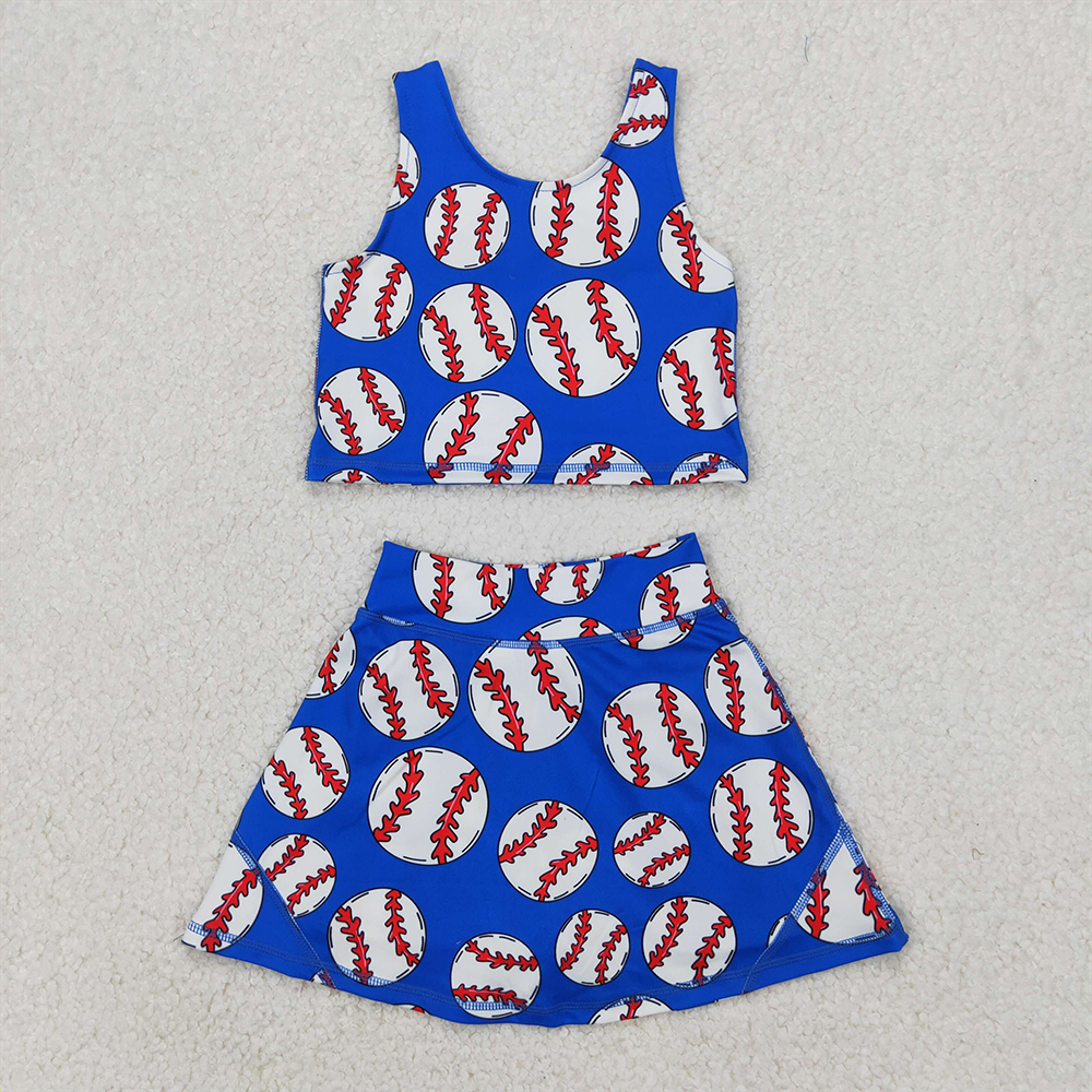 RTS NO MOQ Baby Girls Summer Kids Sets GSD2040 Blue Baseball Vest Top Yoga Sports Skorts Clothes Sets