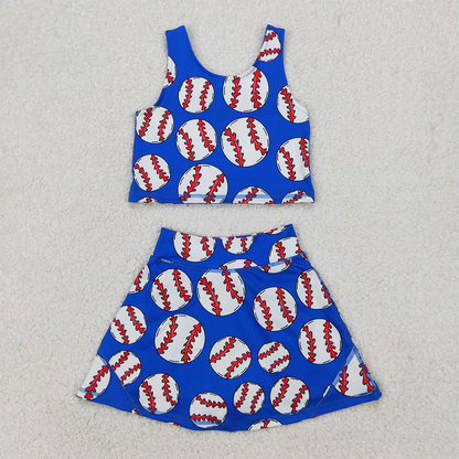 RTS NO MOQ Summer Sibling  Baby Girls Blue Baseball Top Skirt Shorts Outfits