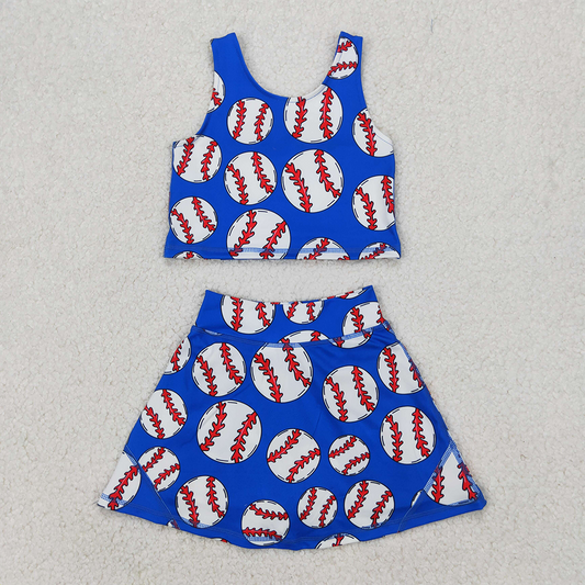 RTS NO MOQ Baby Girls Summer Kids Sets GSD2040 Blue Baseball Vest Top Yoga Sports Skorts Clothes Sets