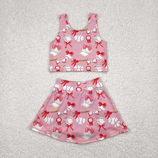 RTS NO MOQ Baby Girls Summer Kids Sets GSD2044 Baseball Bows Athletic Active Wear Top Shorts Skorts Skirts Clothes Sets