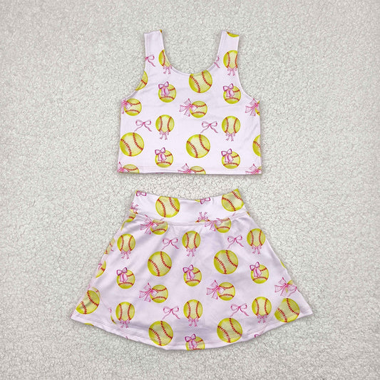 RTS NO MOQ Baby Girls Summer Kids Sets GSD2045 Softball Bows Athletic Active Wear Top Shorts Skirts Clothes Sets