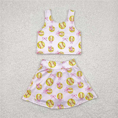 RTS NO MOQ Summer Sibling  Baby Girls Softball Bow Athletic Active Wear Top Shorts Skirts Dresses Sets
