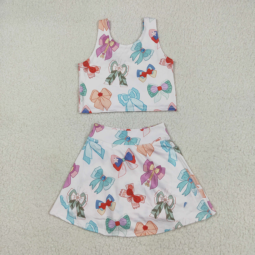 RTS NO MOQ Baby Girls Summer Kids Sets GSD2046 Colorful Hero Bows Athletic Active Wear Top Shorts Skirts Clothes Sets