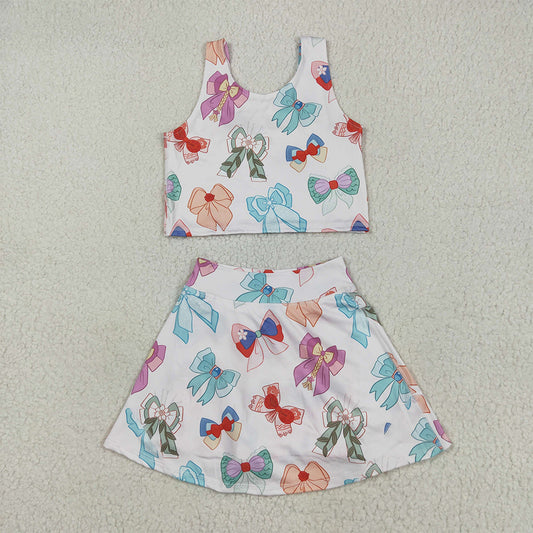 RTS NO MOQ Baby Girls Summer Kids Sets GSD2046 Colorful Hero Bows Athletic Active Wear Top Shorts Skirts Clothes Sets