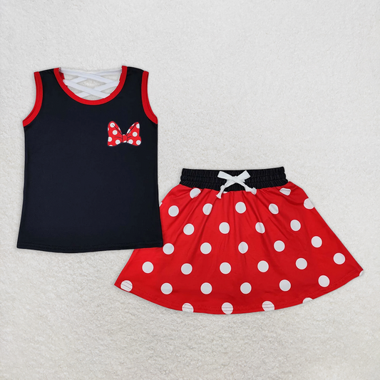 RTS NO MOQ Baby Girls Summer Sets GSD2069 Black Red Dots Bow Shirt Skirt Clothes Sets