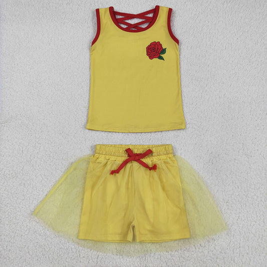 RTS NO MOQ Baby Girls Summer Sets GSD2070 Yellow Sleeveless Rose Flowers Princess Shirt Skirt Clothes Sets