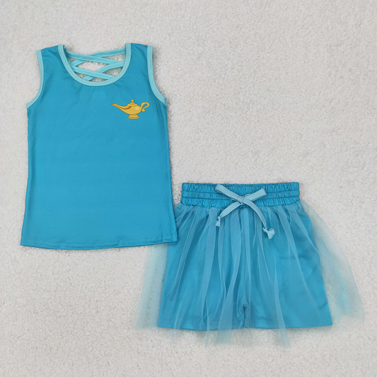RTS NO MOQ Baby Girls Summer Sets GSD2076 Light Blue Princess Shirt Skorts Skirt Clothes Sets