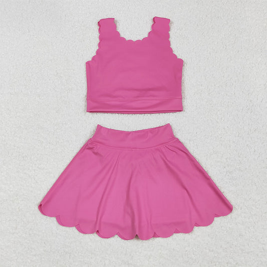 6.3 RTS NO MOQ Baby Girls Summer Kids Sets GSD2092 Hot Pink Yoga Vest Skirt Active Wear Clothes Sets