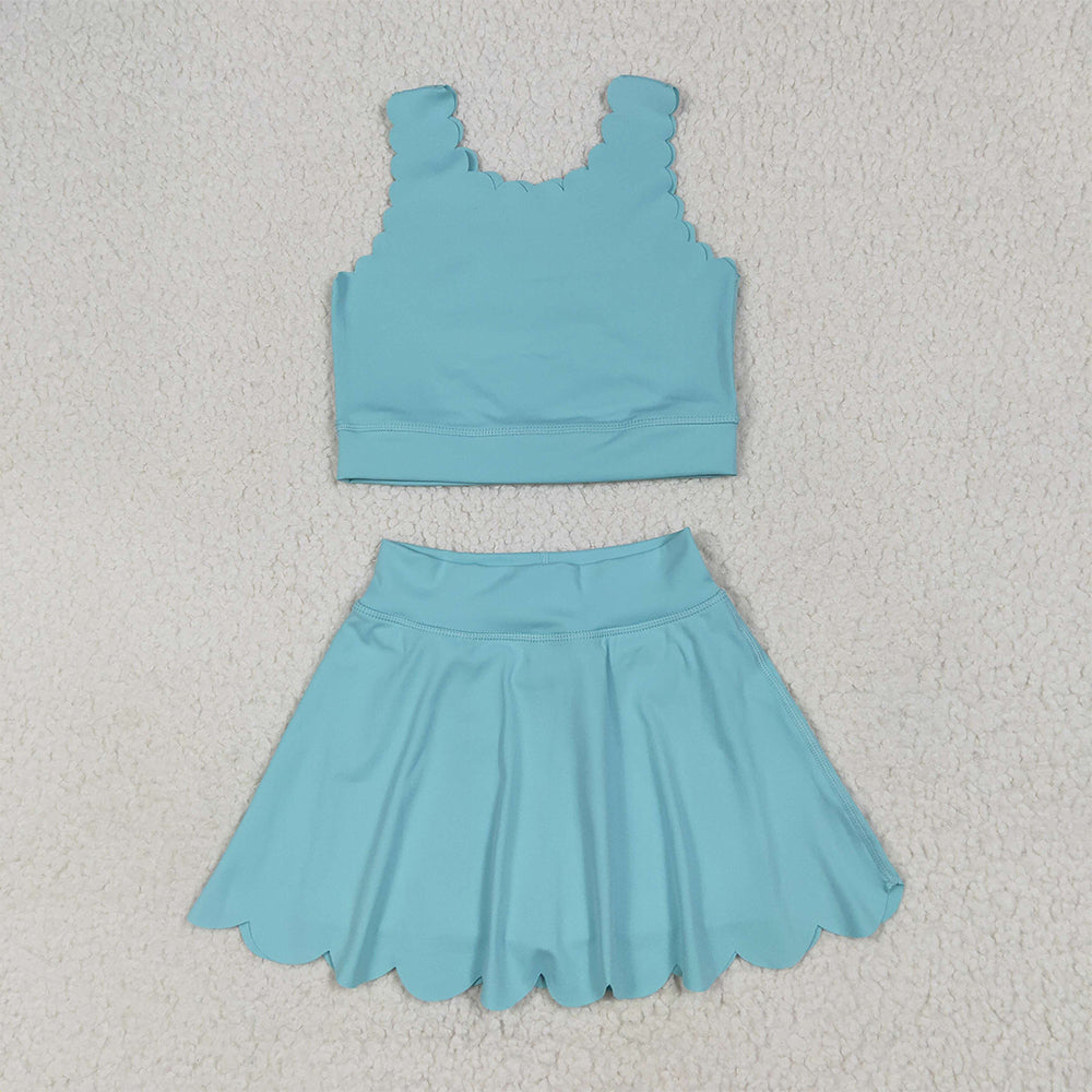 7.1 RTS NO MOQ Baby Girls Summer Kids Sets GSD2096 Aqua Yoga Vest Skirt Active Wear Clothes Sets