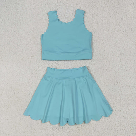 7.1 RTS NO MOQ Baby Girls Summer Kids Sets GSD2096 Aqua Yoga Vest Skirt Active Wear Clothes Sets
