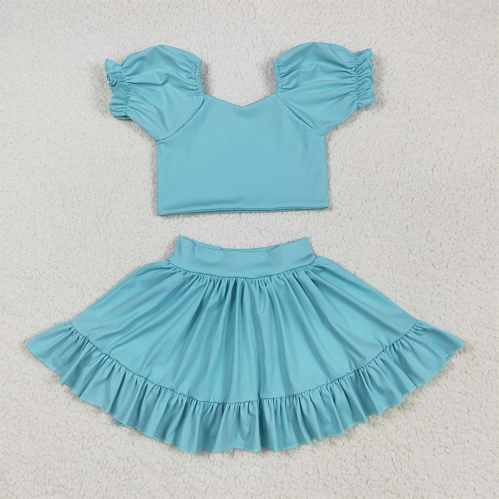 5.26 RTS NO MOQ Baby Girls Summer Kids Sets GSD2101 Aqua Yoga Shirt Skirt Active Wear Clothes Sets
