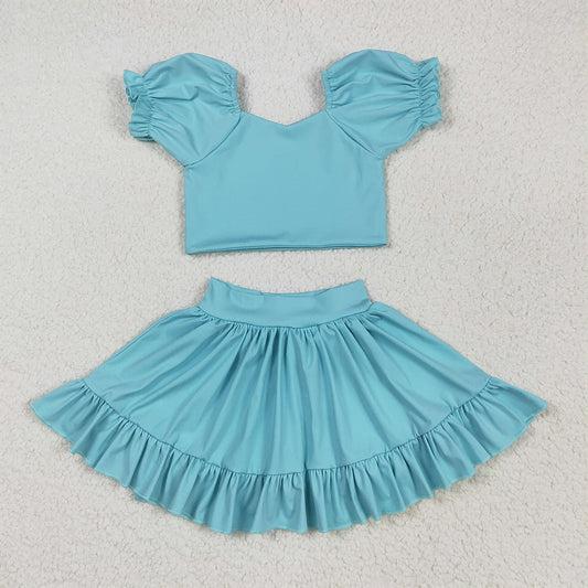 5.26 RTS NO MOQ Baby Girls Summer Kids Sets GSD2101 Aqua Yoga Shirt Skirt Active Wear Clothes Sets