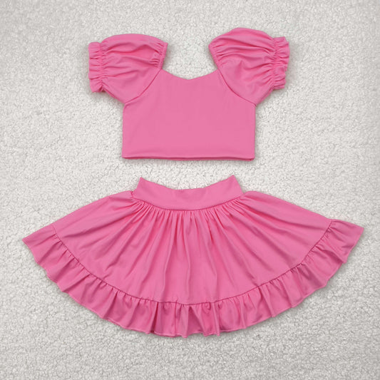 RTS NO MOQ Baby Girls Summer Kids Sets GSD2102  Pink Yoga Shirt Skirt Active Wear Clothes Sets