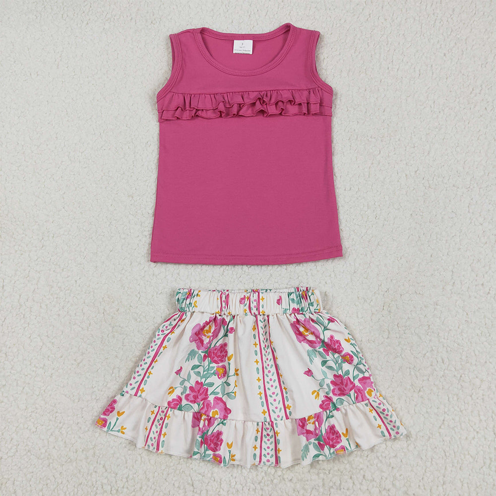RTS NO MOQ Baby Girls Summer Sets GSD2104 Pink Ruffle Sleeveless Shirt Flower Skirt Clothes Sets