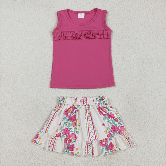 RTS NO MOQ Baby Girls Summer Sets GSD2104 Pink Ruffle Sleeveless Shirt Flower Skirt Clothes Sets