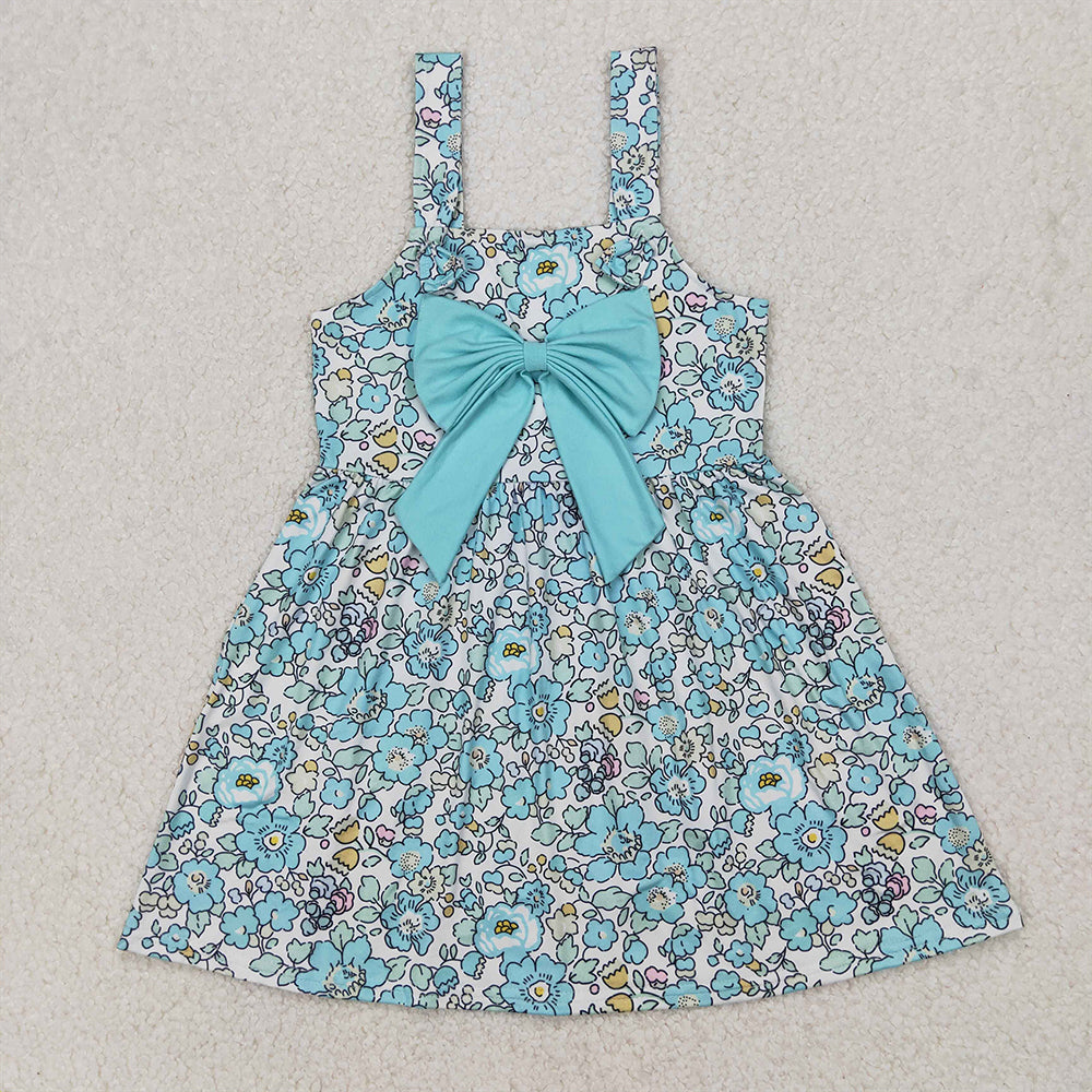 RTS NO MOQ Summer Baby Girls Dresses GSD2106 Blue Flowers Big Bow Knee Length Dresses