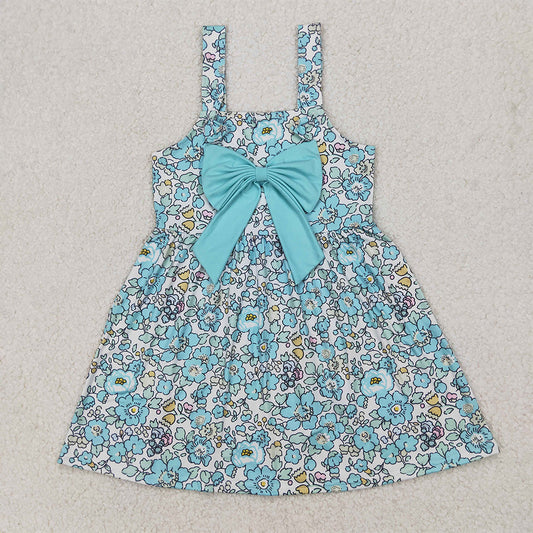 RTS NO MOQ Summer Sibling  Baby Girls Blue Flowers Big Bow Rompers Dresses