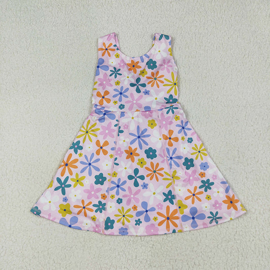 6.28 RTS NO MOQ Summer Baby Girls Dresses GSD2113 Pink Colorful Flowers Yoga Active Wear Skort Knee Length Dresses