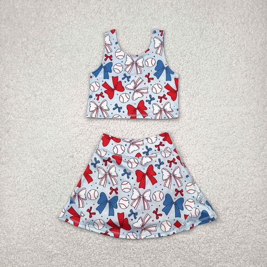 RTS NO MOQ Baby Girls Summer Sets GSD2151 4th Of July Bows Baseball Yoga Vest Skort Active Wear Sets