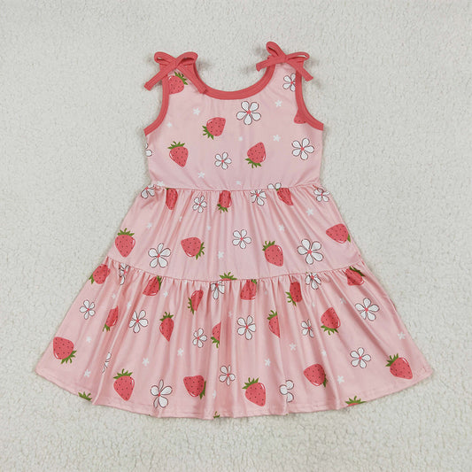 RTS NO MOQ Summer Baby Girls Dresses GSD2159 Strawberry Sleeveless Bows Knee Length Dresses