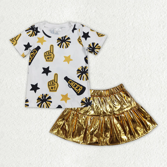 RTS NO MOQ Summer Sibling Baby Girls Cheer Stars Shirt Top Leather Skirts Clothes Sets