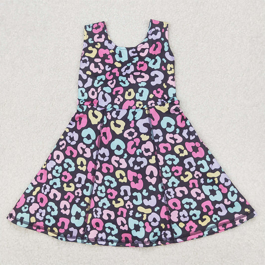 RTS NO MOQ Baby Girls Summer Kids Dresses GSD2175 Purple Sleeveless Colorful Leopard Print Yoga Sportswear Knee-Length Culottes