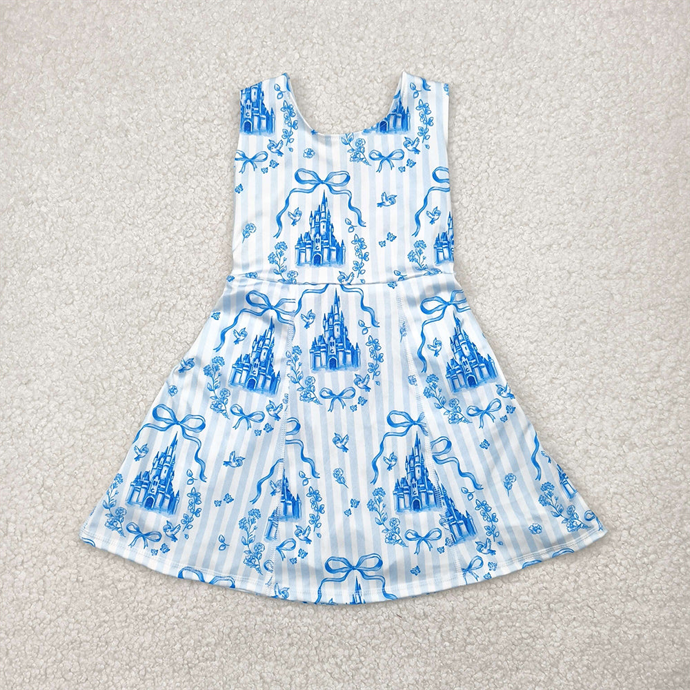 RTS NO MOQ Summer Baby Girls Dresses GSD2200 Blue Castles Yoga Skort Knee Length Dresses