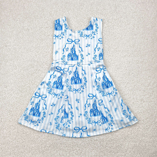 RTS NO MOQ Summer Baby Girls Dresses GSD2200 Blue Castles Yoga Skort Knee Length Dresses