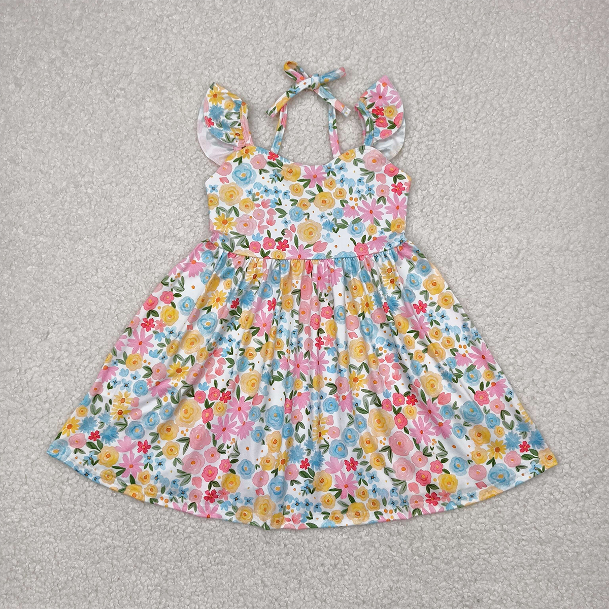 RTS NO MOQ Summer Baby Girls Dresses GSD2207 Flutter Sleeves Yellow Floral Backless Bow Knee Length Dresses