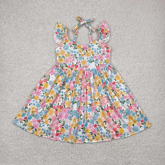 RTS NO MOQ Summer Baby Girls Dresses GSD2207 Flutter Sleeves Yellow Floral Backless Bow Knee Length Dresses