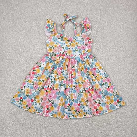 7.7 RTS NO MOQ Summer Sibling Baby Girls Flutter Sleeves Floral Backless Bow Knee Length Dresses