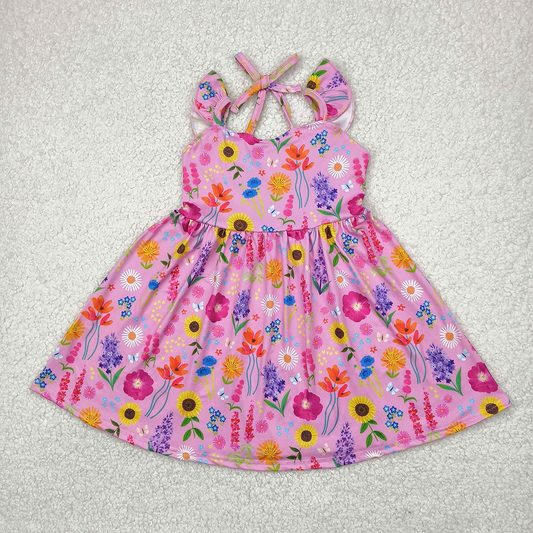 RTS NO MOQ Summer Baby Girls Dresses GSD2208 Pink Floral Backless Bow Knee Length Dresses