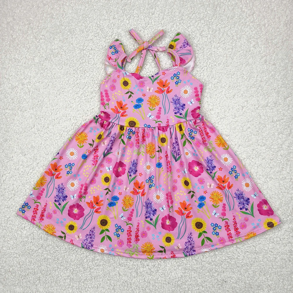 7.7 RTS NO MOQ Summer Sibling Baby Girls Flutter Sleeves Floral Backless Bow Knee Length Dresses