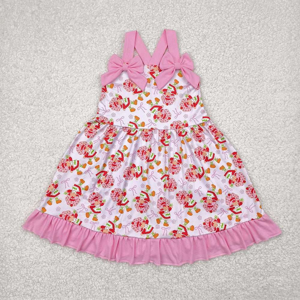 RTS NO MOQ Summer Baby Girls Dresses GSD2213 Pink Strap Bows Strawberry Floral Knee Length Dresses