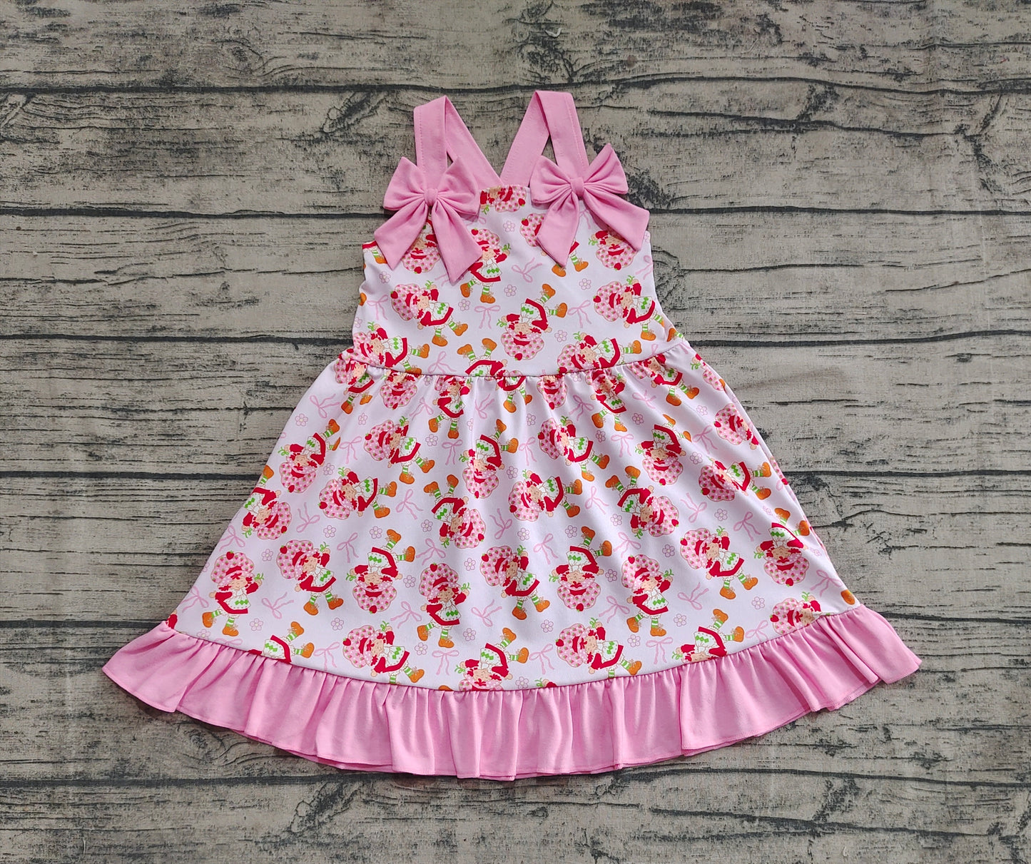 4.8 GSD2213 Baby Girls Pink Strap Bows Strawberry Floral Knee Length Dresses Pre order